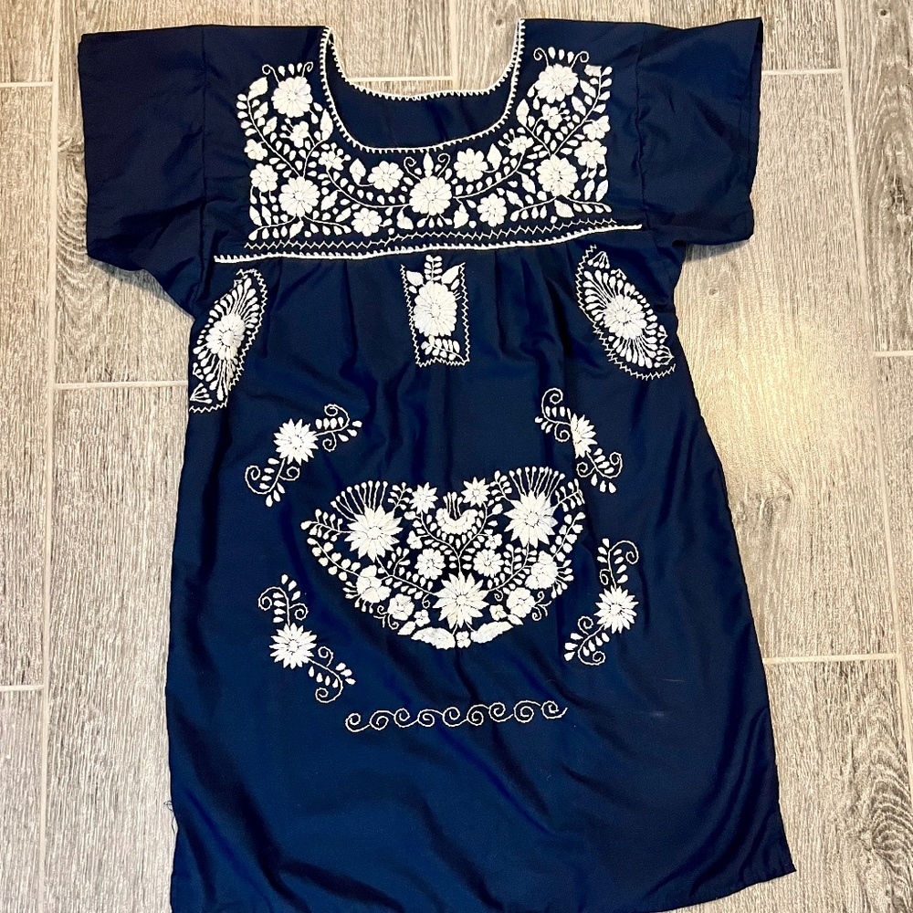 Mexican-style Embroidered Dress, S, Navy and white